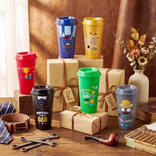 Chuangdi 12 Pcs Fathers Day Dad Gifts Coffee Mugs Bulk Set, 16 oz Reusable Plastic Tumblers with Lids, Happy Fathers Day Party Supplies, Husband Dad Gifts from Daughter Son Wife, 6 Designs 2 Each Retro