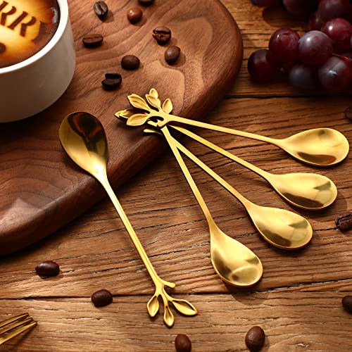 Set of 40 gold stainless steel leaf-shaped dessert spoons and appetizer forks by Honeydak, elegant and versatile for serving.