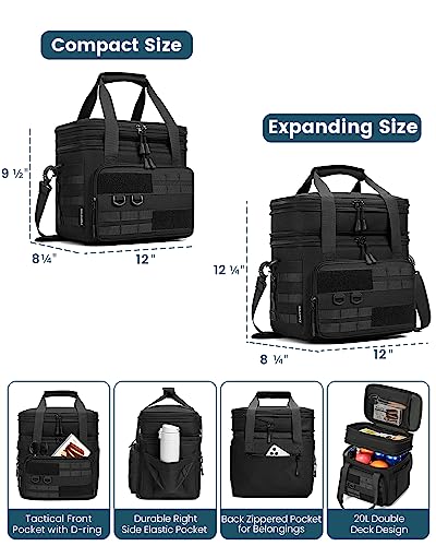 RalChyez Tactical Lunch Box, 20L Large Heavy Duty Double Deck Insulated Lunch Bag Leakproof Expandable Tote Cooler with Shoulder Strap for Adult Men Women Work Fishing Picnic Travel Black A-Black