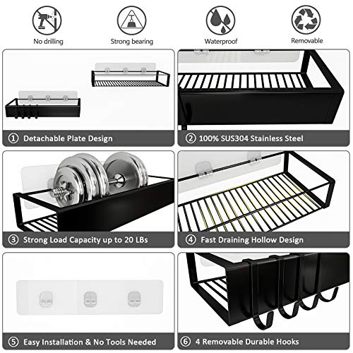 Shower Caddy, Adhesive Shower Organizer with Hooks, Shower Shelves for Inside Shower, No Drilling Shower Rack Holder, Shower Storage for Bathroom, Kitchen Spice Rack-2 Pack Black
