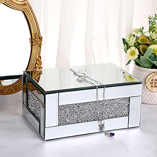 Hipiwe Glass Mirrored Jewelry Box with Crushed Diamond Decor, Trinket Organizer Box Luxury Rings Earrings Necklace Storage Keepsake Box Treasure Chest Case, Silver Large Size