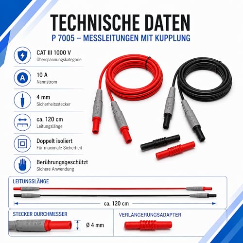 PeakTech Insulated 4 mm Connection Cables with Extender, 1 x Cat III 1000 V, P 7005 Single
