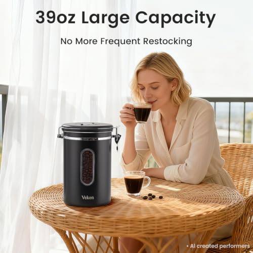 Veken Coffee Canister with Window, 39OZ Large Airtight Stainless Steel Jars Black 39 oz