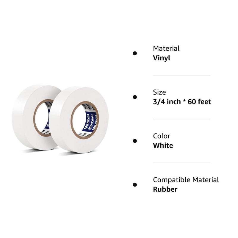 [Australia - AusPower] - White Electrical Tape Vinyl - 3/4 Inch 65 Feet Professional Insulating PVC Electric Tape Flame Retardant Waterproof For All Weather Under 600V Home Outdoor Indoor Wire Insulation Use 2 Rolls Packed White 