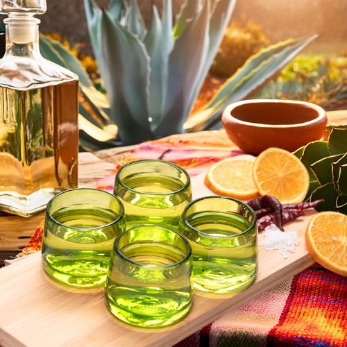 Mezcal & Tequila Sipping Glasses - Set of Four | Artisan Hand Blown Glass from Mexico | Handmade Copitas - Mezcal & Tequila Gift Set | Taste of Mexico in Every Sip Lime Green