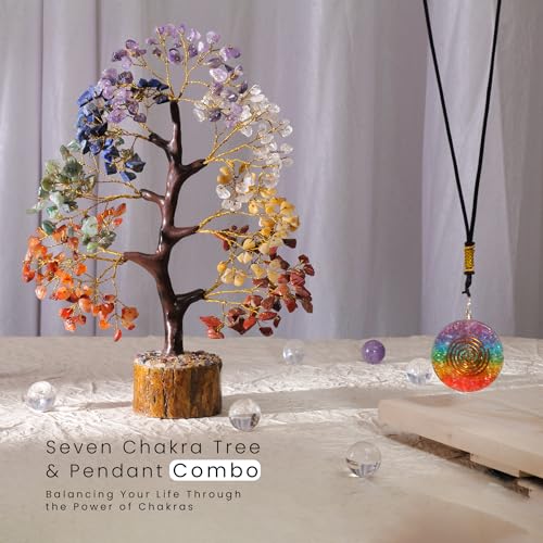 FASHIONZAADI 7 Chakra Crystal Tree Life Feng Shui Tree Sister's Birthday Office Gift Energy Crystals Spiritual Gifts 7 Chakra Tree & Round Pendant