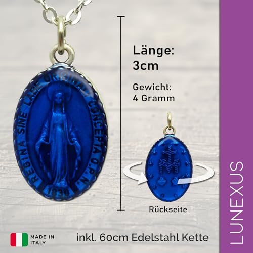 Miraculous Medal Necklace, Blue Stainless Steel, Pendant 3cm,