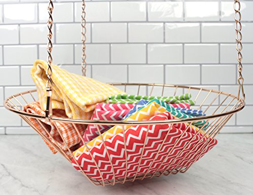 RSVP International hanging storage collection with three copper wire baskets for versatile organization and storage.