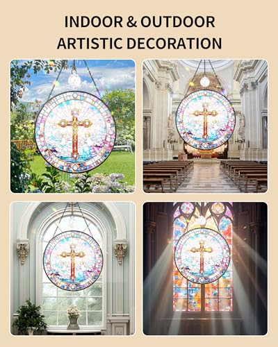 7.8" Christian Angel Cross Stained Glass Window Hanging Cross&angel 7.8 inch