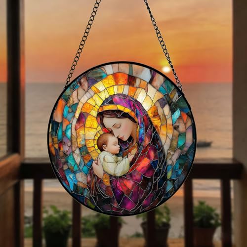 Madonna Child Stained Glass Hanging, Christian Suncatcher Decor Virgin Mary and Baby Jesus