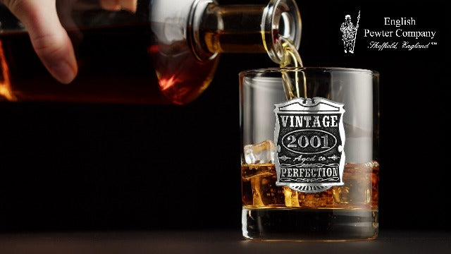 English Pewter Company Vintage Years 2001 25th Birthday or Anniversary Old Fashioned Whisky Rocks Glass Tumbler - Unique Gift Idea For Men [VIN005]