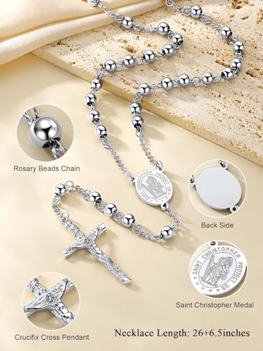 FaithHeart Rosary Beads Catholic Necklace for Women Saint Christopher/Michael/Virgin Mary Pendant Stainless Steel Crucifix Cross Charm Extra Long Chain Christian Amulet (6 Colours) 02.silver-christopher