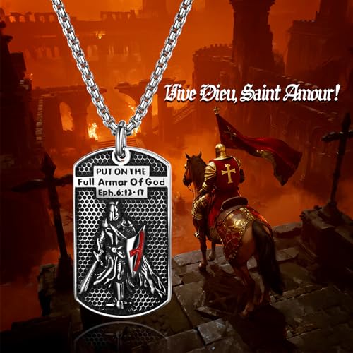 Flongo Armor of God Cross Necklace for Men – Black Stainless Steel Dog Tag Pendant with Bible Verse Ephesians 6:13‑17, Knight Design Christian Jewellery Symbol of Faith and Protection Silver