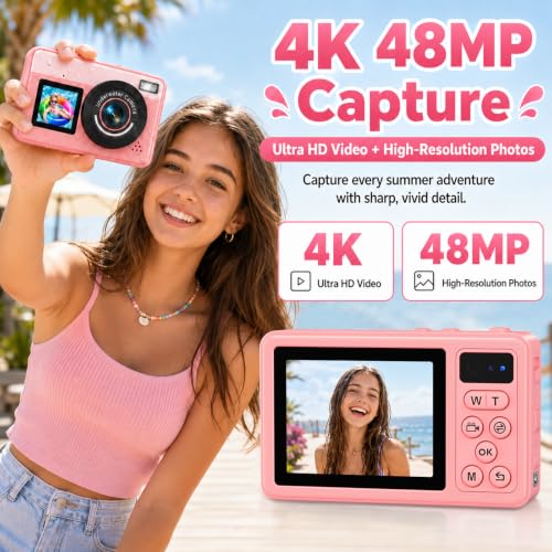 10FT Underwater Camera 4K 48MP Waterproof Digital Camera for Teens Pink