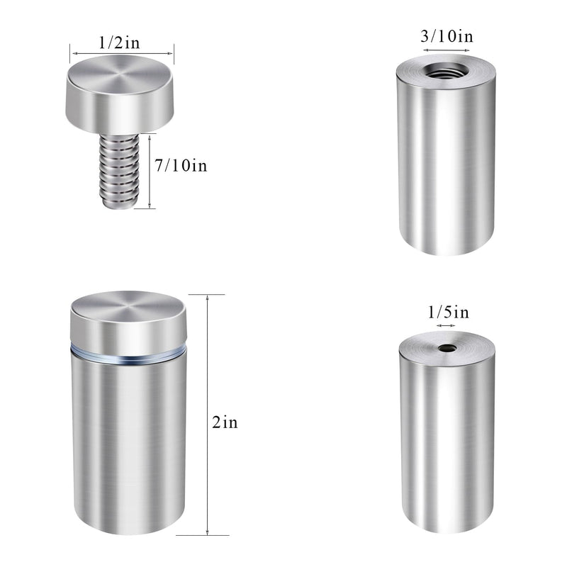 [Australia - AusPower] - Osring 1/2” Dia x 2” L Standoffs Screws for Acrylic, Silver Sign Standoff Wall Mounts Hardware 16 Pack, Stainless Steel Advertising Nails for Glass Board and Signage 1/2" x 2" 