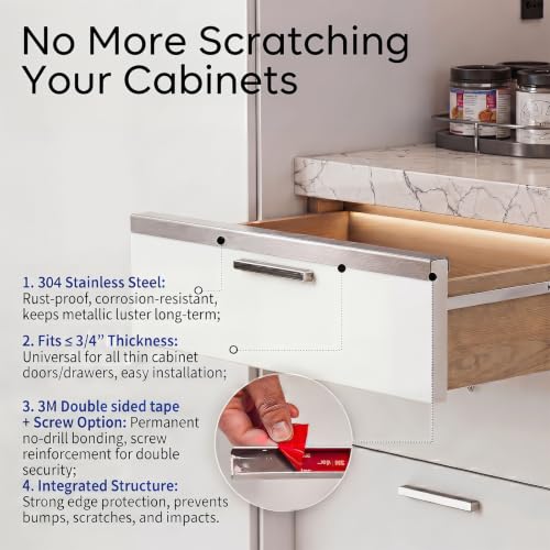 2 Pack 17 inch Stainless Steel Drawer Edge Guard, Slip-on Cabinet Door Protector with Strong 3M Double Sided Adhesive Tape, Fits 3/4" Thick Doors and Drawers,Rustproof Brushed Stainless