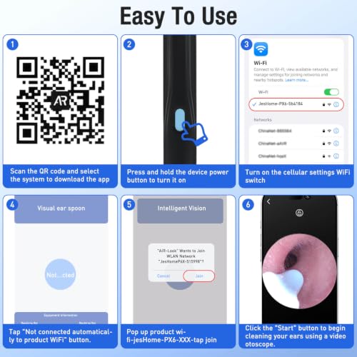 Ear Wax Remover, 8MP HD Ear Cleaner with Camera and 6 LEDs | IP67 Ear Cleaner, WiFi Otoscope Compatible with Android/iOS, 8 Replacement Attachments, for Children & Adults