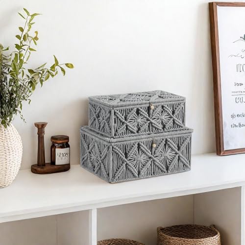 Decorative Boho Storage Baskets with Lid Natural Macrame Boxes Small Gray