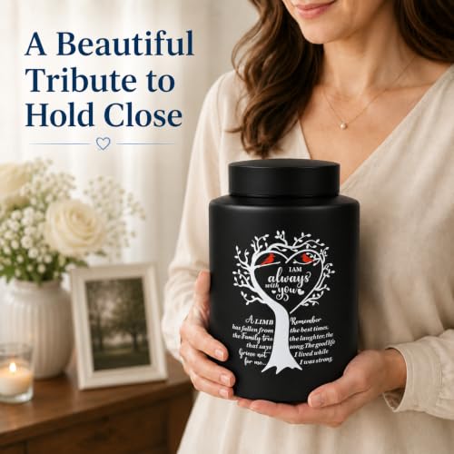 Up to 140 lbs Medium Urns for Human Ashes Adult Female Male, 7.3 Inch Cremation Urn for Human Ashes, Decorative Stainless Steel Funeral Memorial Sharing Urn with Two Cardinal Birds, Black