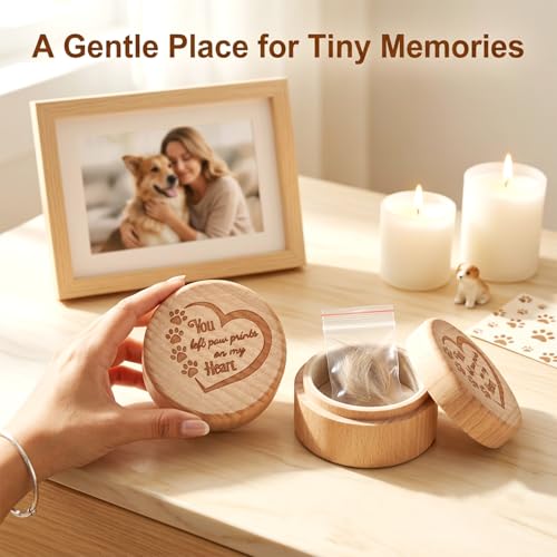 Dog Memorial Keepsake Box, Wooden Pet Urn for Ashes, Hair & Fur Remembrance Container with Lid, Small Pet Loss Sympathy Gift for Dog Cat Passing, Memory Storage Box, Home Display