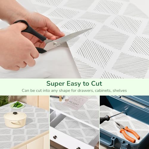Gray shelf drawer liner for kitchen cabinets by Insigoo, non-adhesive, measuring 17.5 inches wide and 20 feet long.