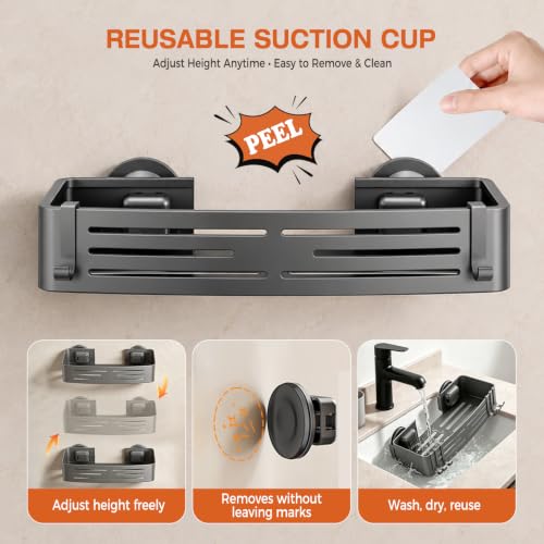 Lekesky Suction Cup Shower Caddy, No Drill Shower Shelf, Aluminum Rust Proof Bathroom Shower Organizer with 12 Hooks (2-Pack, Gunmetal Gray) Gunmetal Grey
