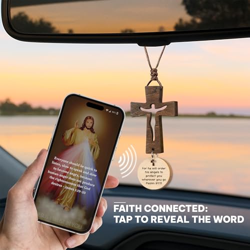 Cross for Car Mirror Hanging Accessories With Bible Verse - Scan Phone For Daily Bible Verse - Rear View Mirror Hanging Accessories - Car Cross Ornament - New Driver Gifts - Christian Gift For Men