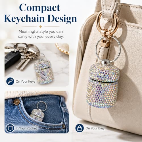 Sparkling Rhinestone Keychain Urn for Ashes, 1.8 Inch Stainless Steel Mini Cremation Urn Keychain for Human or Pet Ashes, Keepsake Memorial Holder, Silver Sliver
