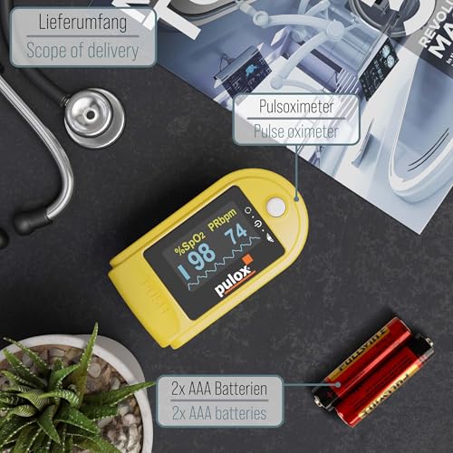 Pulse oximeter PULOX PO-200 Solo Finger Pulse Oximeter for Measuring Pulse and Oxygen Saturation on Finger | With precision indicator for reliable control of oxygen saturation, heart rate and perfusion index PO-200 Solo (Yellow)