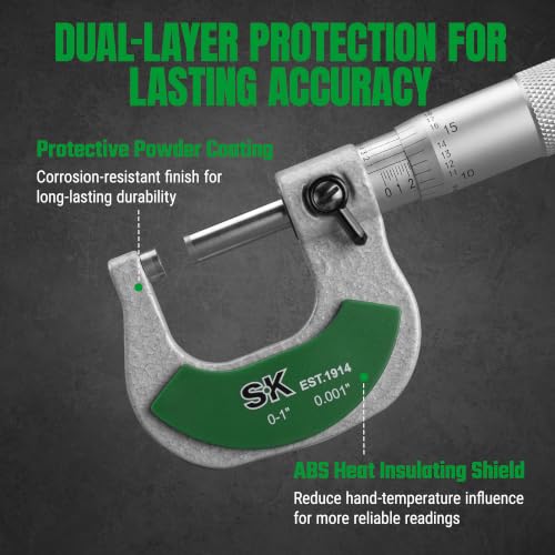 SK outside micrometer measuring 0–1 inch with 0.0001-inch resolution and ±0.00015-inch accuracy