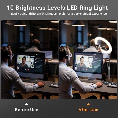 Desk Ring Light with Magnetic Phone Holder, 10'' Video Conference Podcast Lighting Kit for Laptop Computer Monitor Zoom Call Streaming, 3 Color LED Halo Light with Adjustable Stand for Home Office 10inch