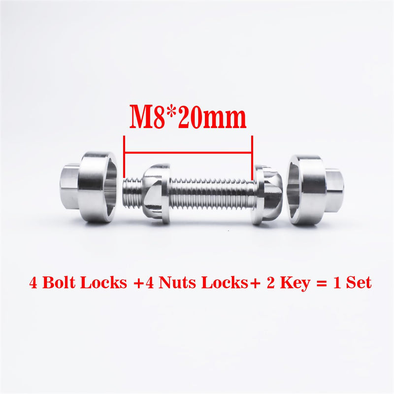[Australia - AusPower] - M8 Nut+Bolt Set Screws 304 Stainless Steel Anti-Theft Locking 20mm Security Hardware Kit for Mountain Bike Awning Car Accessories for Styling Light Bar safety(4 Nut+4 Bolt + 2 key) M8*20mm 