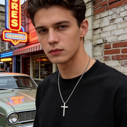 Silver Cross Necklace for Men and Boys, Cross Chain Pendant, Classic Christian Jewelry Gift for Son, Birthday, Father’s Day, Religious Confirmation and Baptism