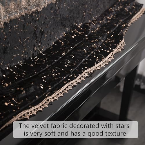 Luxury Velvet Piano Cover for Upright Pianos, Black with Gold Stars and Lace Trim, Quilted Top