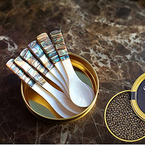 i-lan 6pcs White Mother of Pearl Spoons,Well Polished Inlaid Seashell MOP Teaspoons,Stirring Spoons Utensils with Green Decorative Pattern Handle for Caviar,Egg,Ice cream,Coffee Serving, 4 x 1 inch