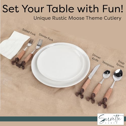 Moose Flatware Set, 5 Piece, Stainless Steel Utensils with Wood-like Handles, Knife, Soup Spoon, Teaspoon, Dinner Fork, Salad Fork