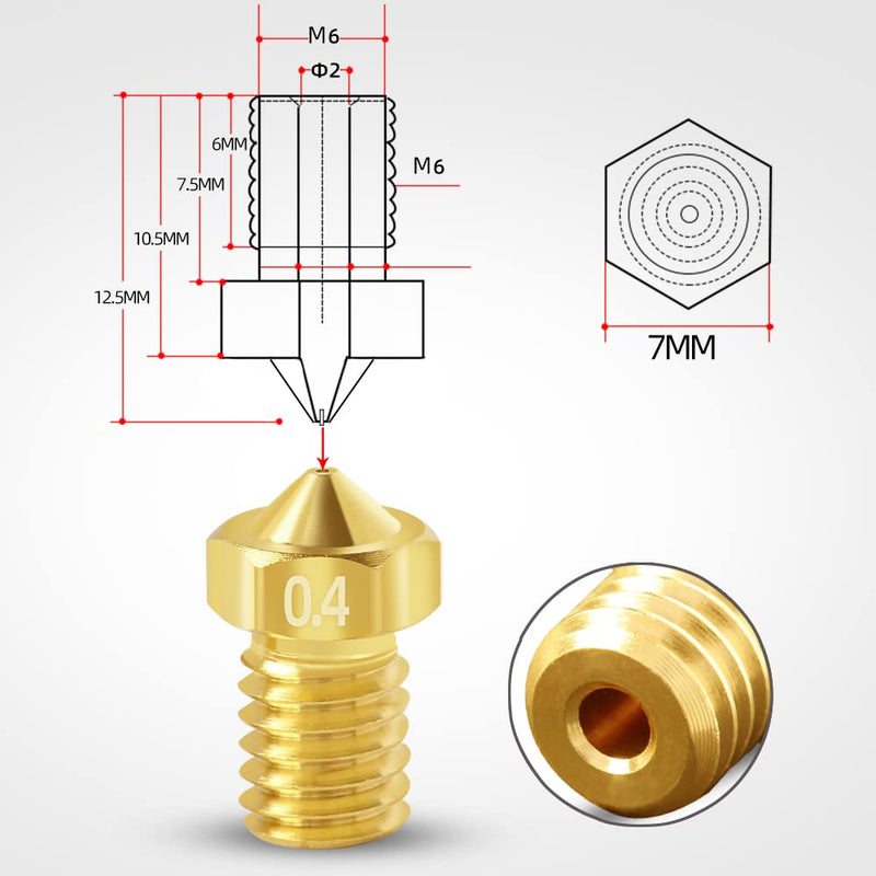 [Australia - AusPower] - 20Pcs 3D Printer V6 Nozzles 0.4mm M6 Brass Nozzle Extruder Print Head Compatible for E3D V5 V6 1.75mm Filament 3D Printer I3 Mega Prusa I3 MK3/MK3S, and Nozzle Cleaning Needles 0.4mm, 