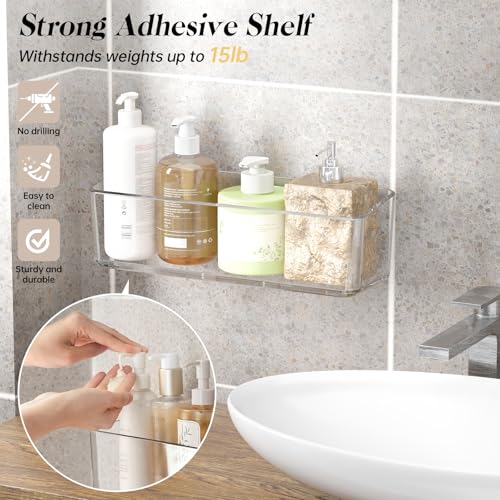 Two clear PAVSTINE shower caddies, large wall-mounted bathroom shelves with tall design, ideal for organizing shower essentials.