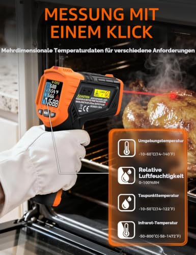 IM06MAX Digital Infrared Thermometer Laser -50°C to 800°C with K-Type Probe, IR Pyrometer Temperature Meter with Dew Point Detection for Industry, HVAC, Cooking & Car Repair