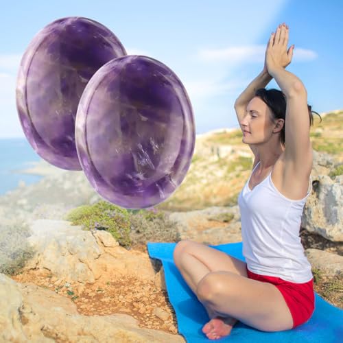 2PCS Thumb Worry Stone Natural Chakra Crystals Healing Stones Energy Stone for Anxiety, Stress, Calm Stripe Meditation (Amethyst) Amethyst