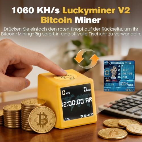 Luckyminer V2 Bitcoin Miner - 1060 KH/s Solo Lottery Miner with ESP32-WROOM-32, 1.54 Inch Display & Hash Rate Calculator - Plug & Play USB Miner for Home, Office & as a Table Clock (Compatible with V2