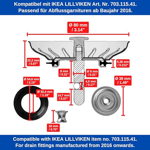 Sink Strainer Basket, 1 Pack, Compatible with IKEA LILLVIKEN 70311541, Diameter 80 mm Strainer Basket, Made of Stainless Steel, Basket Spigot with Ball, Improved Filter Function, Replacement Part for Lillviken Kitchen Sinks Strainer Basket Set, 1 Pack