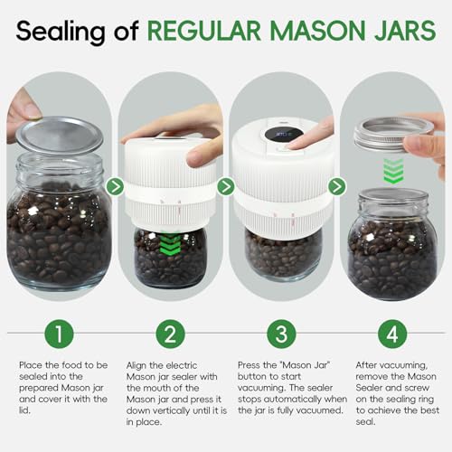 Mason Jar Vacuum Sealer Kit, Electric Mason Jar Sealer for Wide & Regular Mouth Mason Jars, Ideal for Pickles, Jam, Salad, Overnight Oats, Dry Food and Meal Prep Storage (White) White