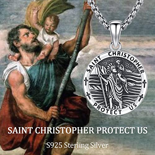 Aniu 925 Sterling Silver Saint Medal Necklace Religious Amulet Jewelry Gift Round - St Christopher Necklace - D