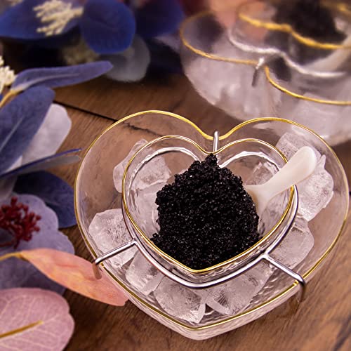 DUEBEL Glass Caviar Dish, Gold-plating Edge Heart Shape Caviar Server Set Plus 2 pcs. x Mother of Pearl Spoon – Caviar Chiller, Shrimp Serving Chiller for Bar, Restaurant, Catering Events