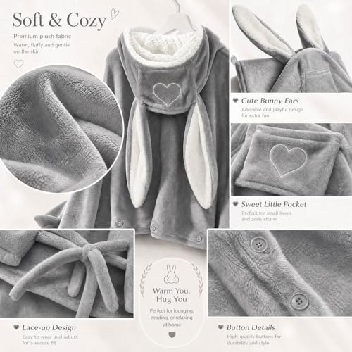 Soft Big Bunny ears Wearable Blanket, Blanket Wrap with buttons Comfy Hoodie Hooded cape Throw for women Gray