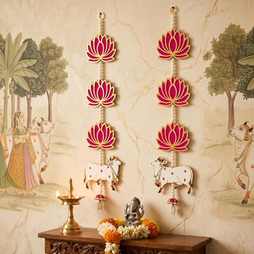 TIED RIBBONS 2 Pcs Kamdhenu Indian Hanging Decorations | Plastic, 2 feet | Lotus Wall Hanging for Indian Pooja Diwali Decor, Ganesh Chaturthi Decoration, Navratri | Wall Hangings for Mandir
