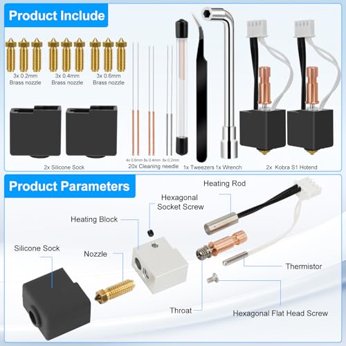 YOTINO 2 pcs Kobra S1 Hotend, 35-Piece Set with 0.2/0.4/0.6mm Nozzles, Silicone Socks and Nozzle Cleaning Tools, Compatible with Kobra S1/Kobra S1 Combo 3D Printer 35pcs Kobra S1/Kobra S1 Combo