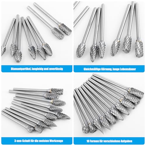 10-Piece Carbide Burr Set, Rotary Cutter Set | Tungsten Carbide Cutter with Double Cut, End Mill with 1/8 Inch Shank Drill Bit for Grinder, DIY Woodworking
