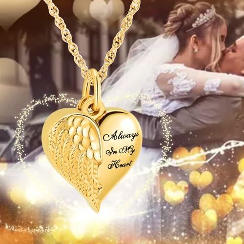 Cremation Jewelry Angel Wing Heart Urn Necklaces for Ashes Memorial Keepsake Pendant for Women Men Gold-Dad